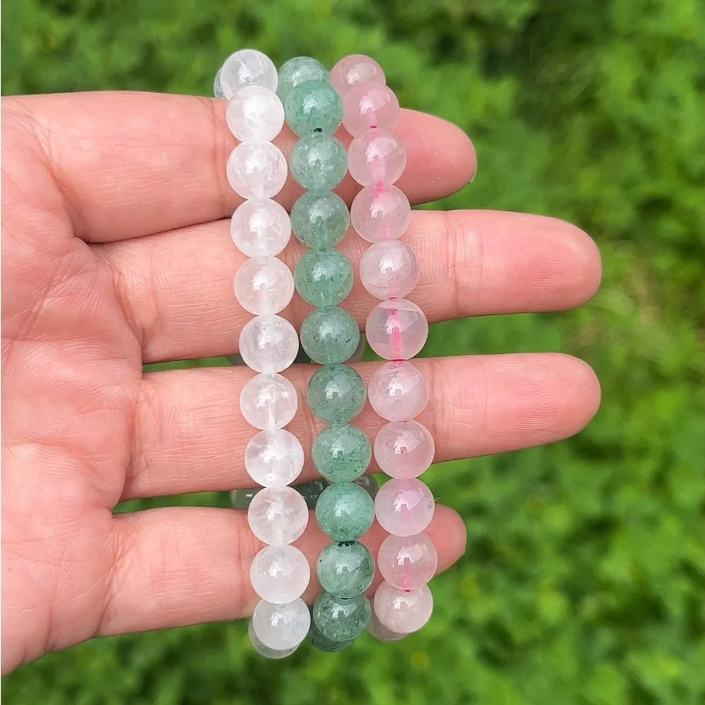 8mm stretchable‎ rose quartz, clear quartz, green strawberry quartz bracelet set